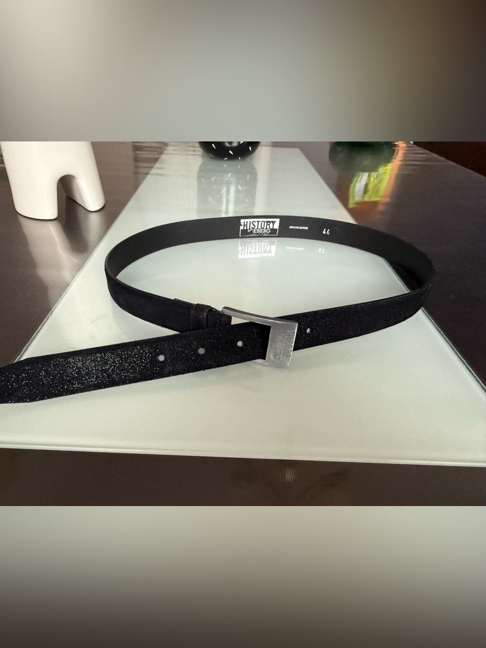 Vintage History Iceberg Black Leather Belt Silver Logo Buck